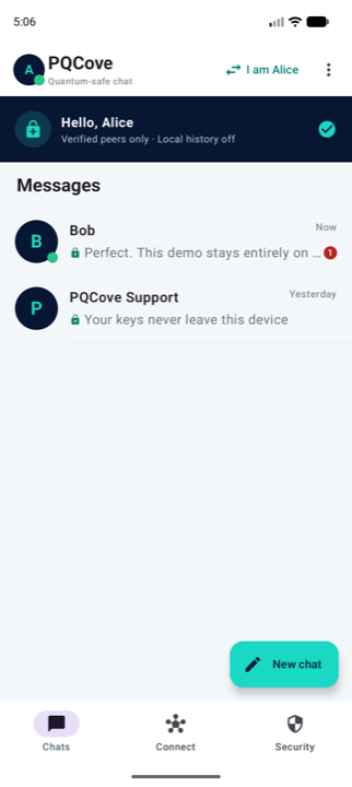 PQCove Android chats list showing Alice and Bob