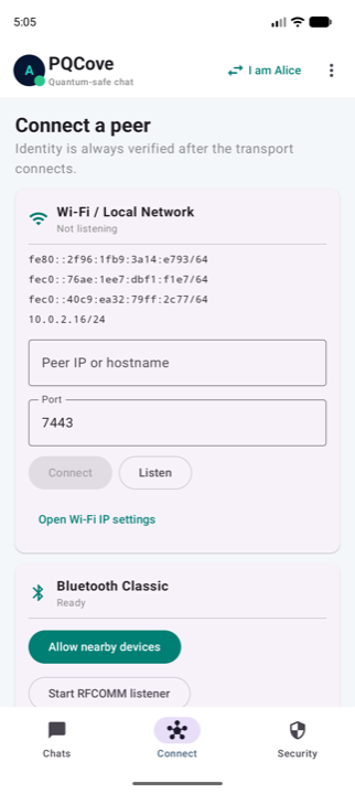 PQCove Android Wi-Fi and Bluetooth connection screen
