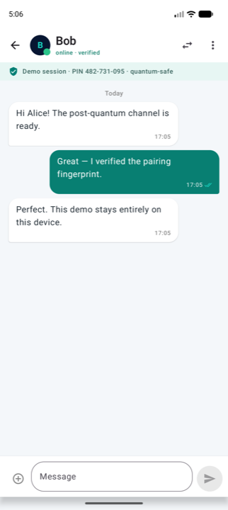PQCove Android encrypted conversation screen with Bob